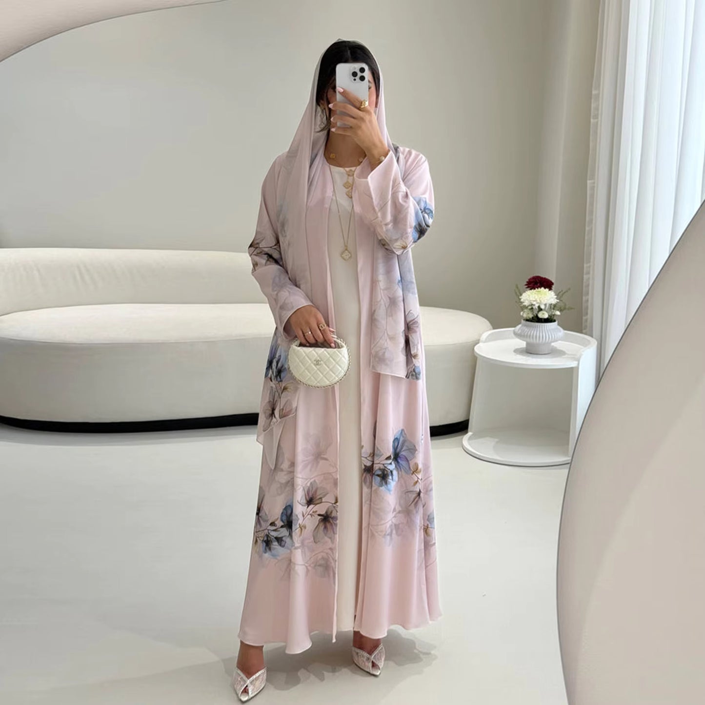 Printed Chiffon & Satin Open Abaya with Hijab – Elegant Ramadan & Eid Modest Dress