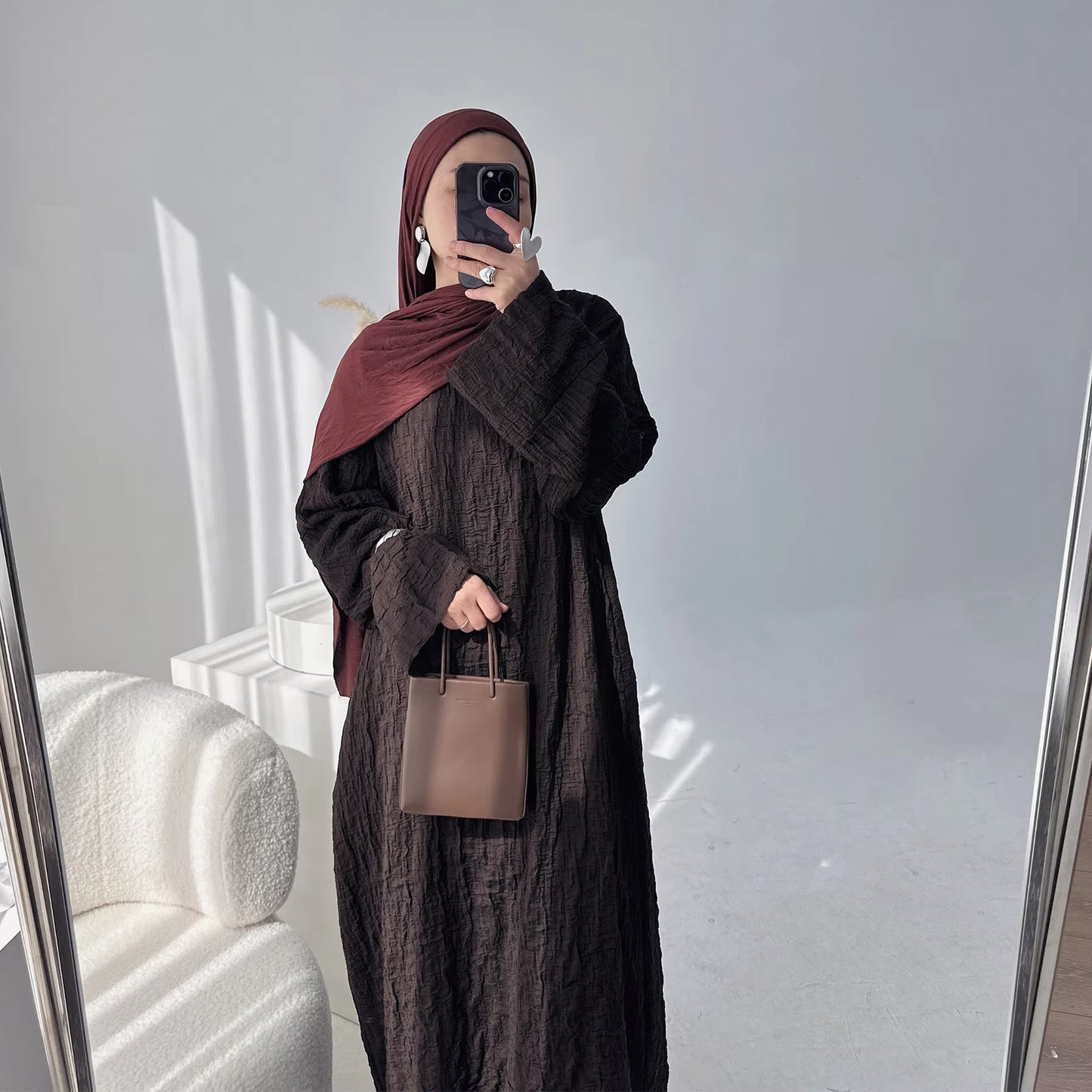 Brown Textured Open Front Abaya – Elegant Modest Islamic Cardigan for Women