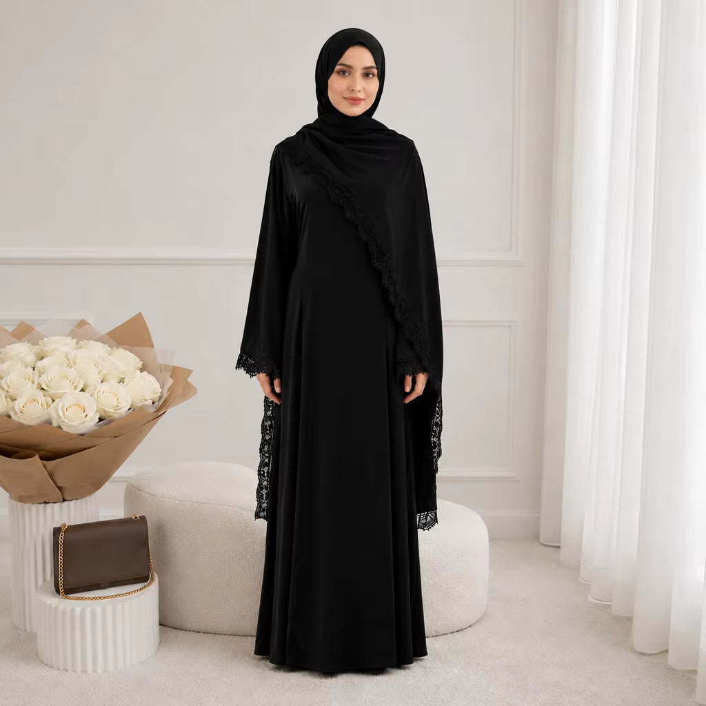 Elegant Lace Trim Cape Overlay Abaya Dress