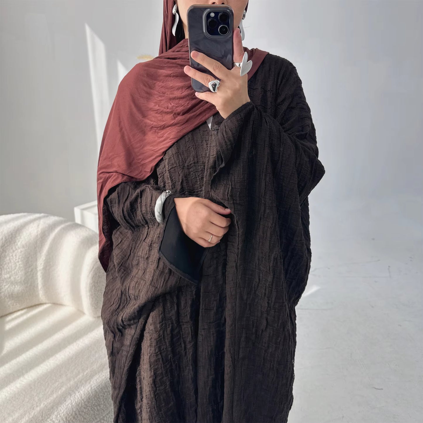 Brown Textured Open Front Abaya – Elegant Modest Islamic Cardigan for Women