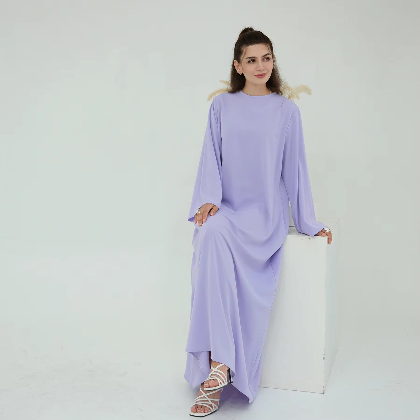 Eid Modest Nida Closed Abaya Long Sleeve Maxi Dress with Belt