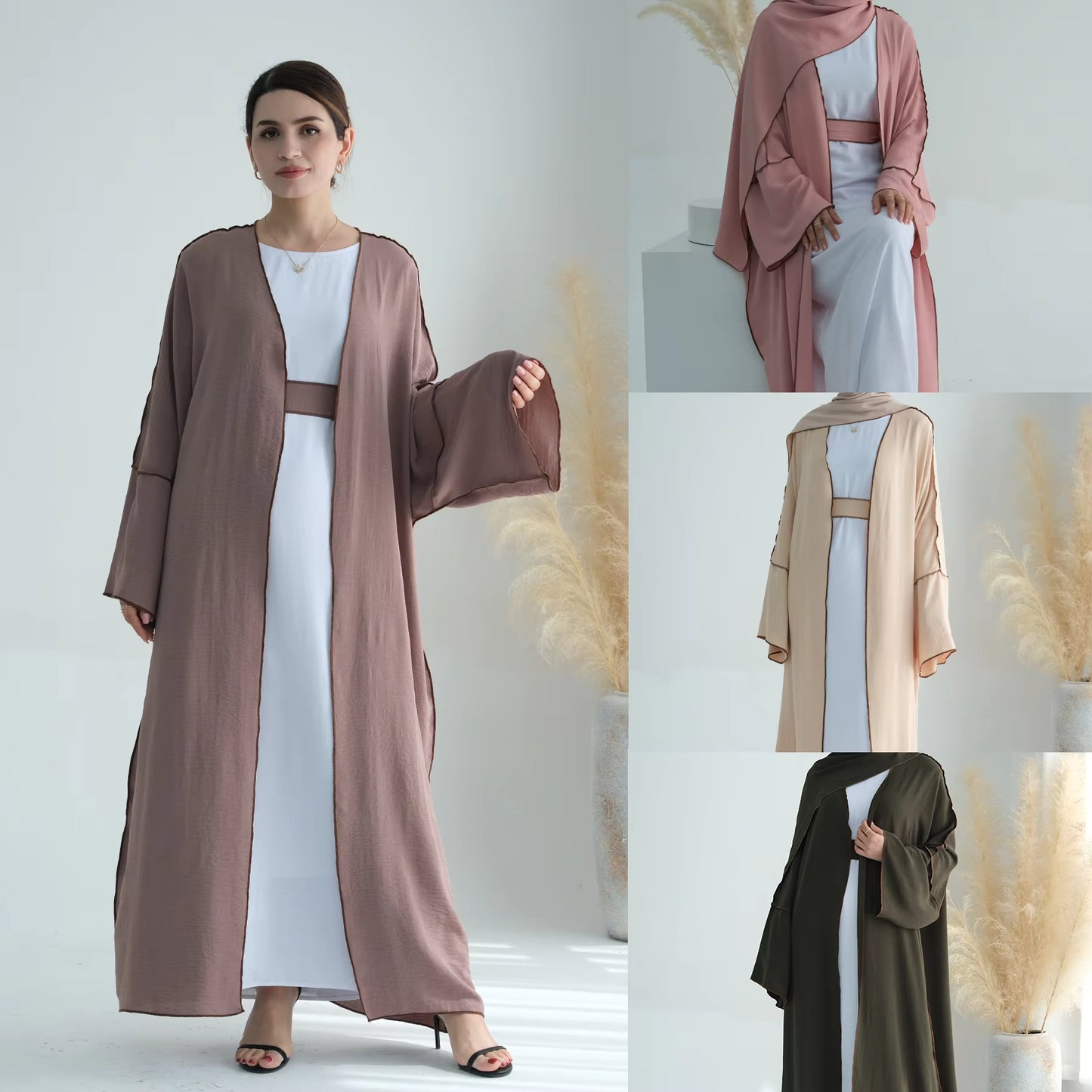 Modest 2-Piece Abaya Set – Soft Crepe Open Front Kimono Cardigan with Hijab Scarf