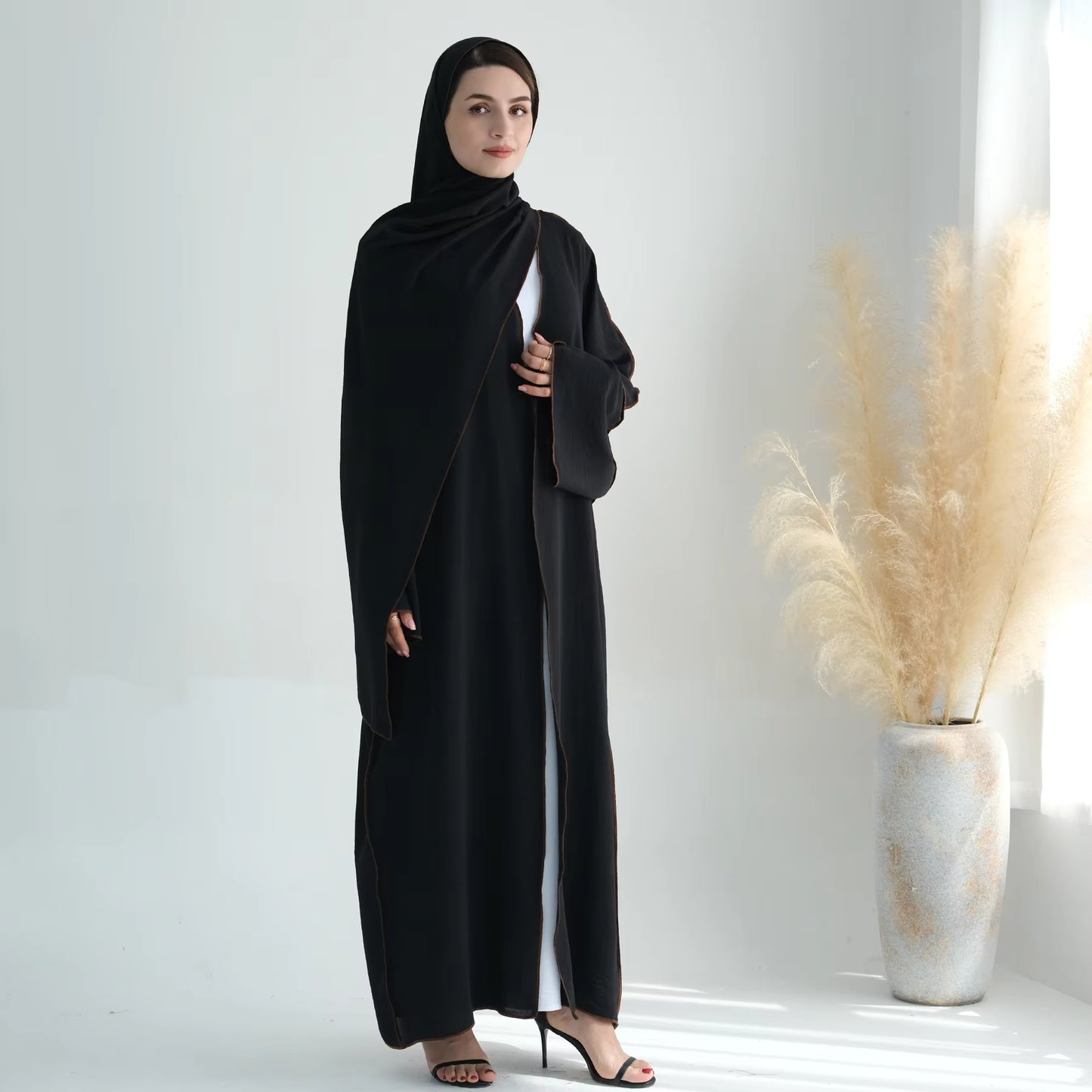 Modest 2-Piece Abaya Set – Soft Crepe Open Front Kimono Cardigan with Hijab Scarf