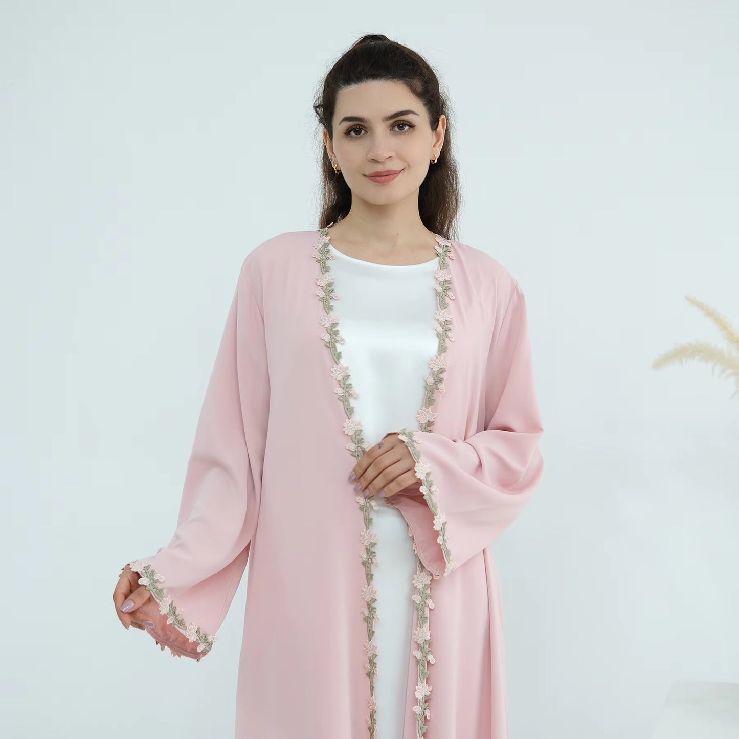 Nura Floral Patchwork Open Abaya with Hijab – Modest Kimono Dress