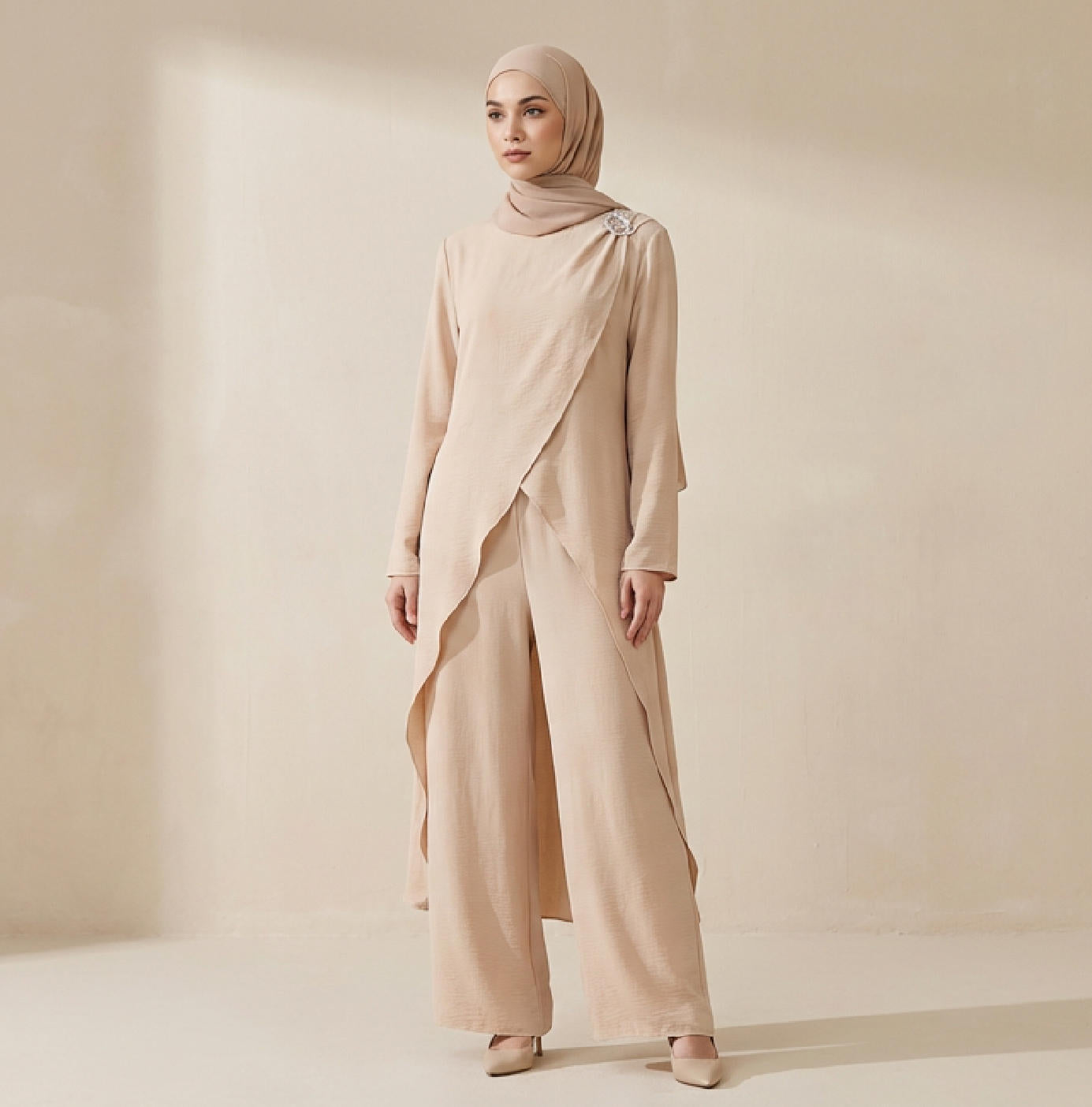 Nura 2pc Abaya Set – Long Top & Pants, Soft Crepe Modest Co-Ord