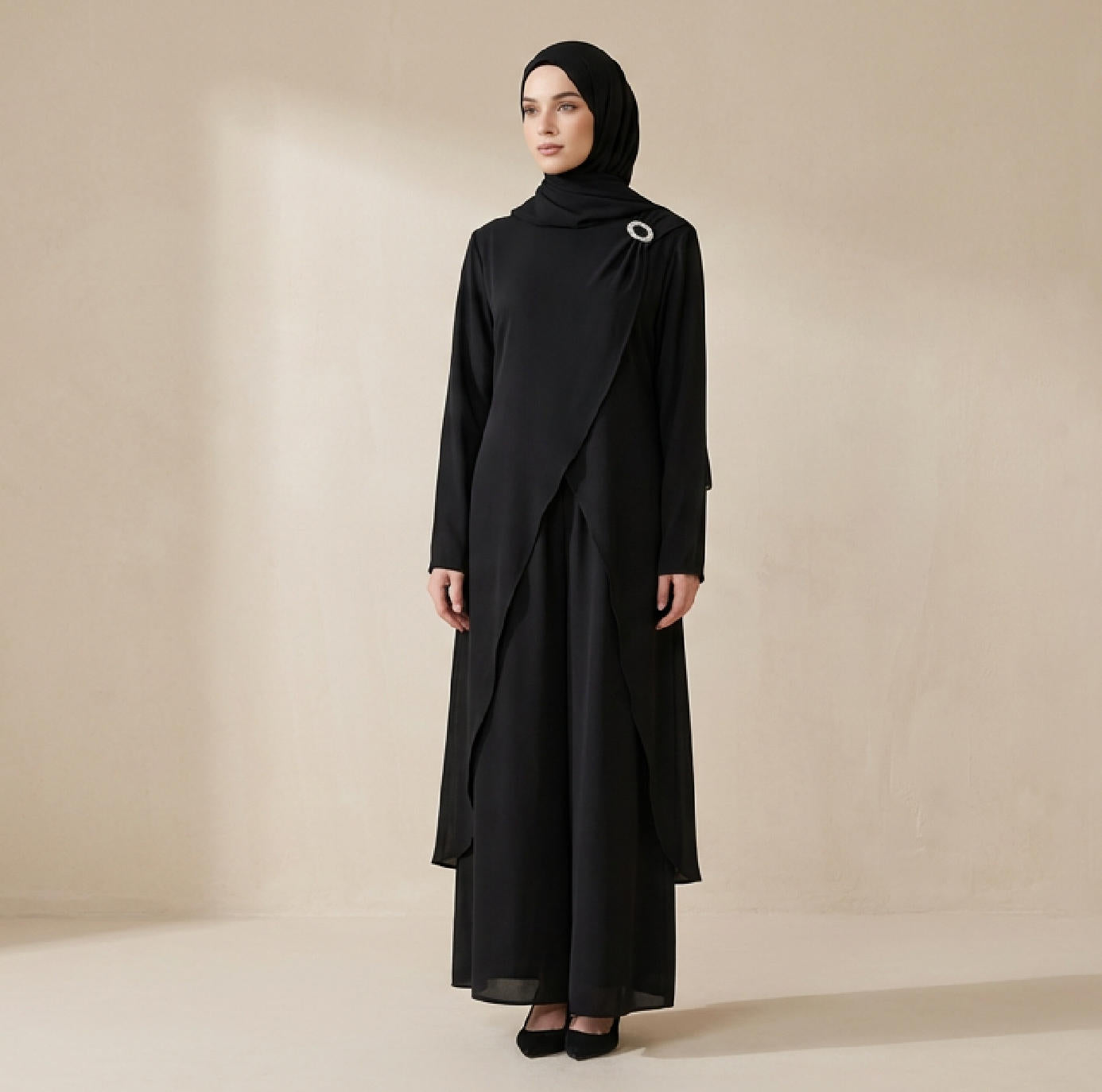 Nura 2pc Abaya Set – Long Top & Pants, Soft Crepe Modest Co-Ord