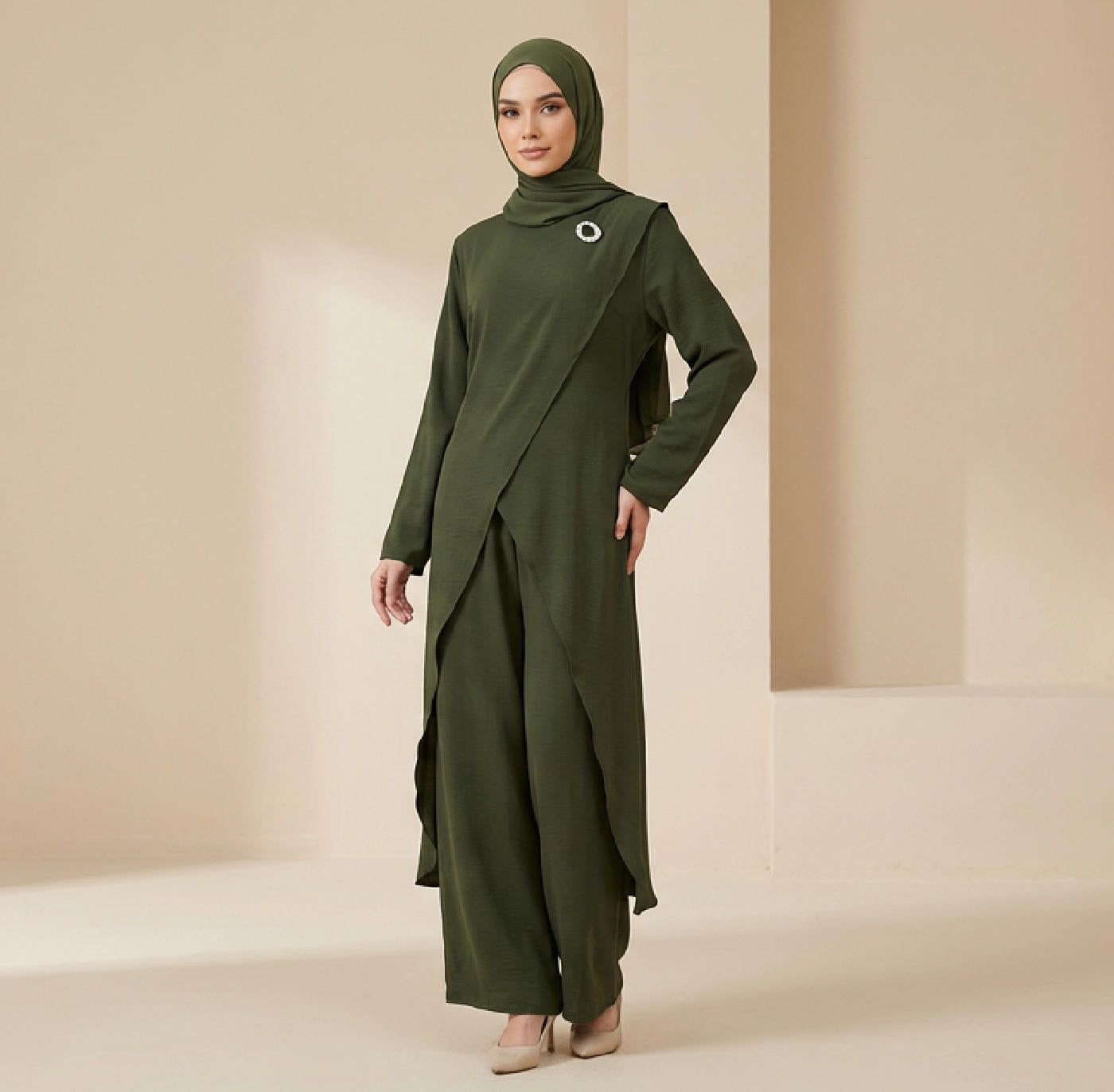 Nura 2pc Abaya Set – Long Top & Pants, Soft Crepe Modest Co-Ord