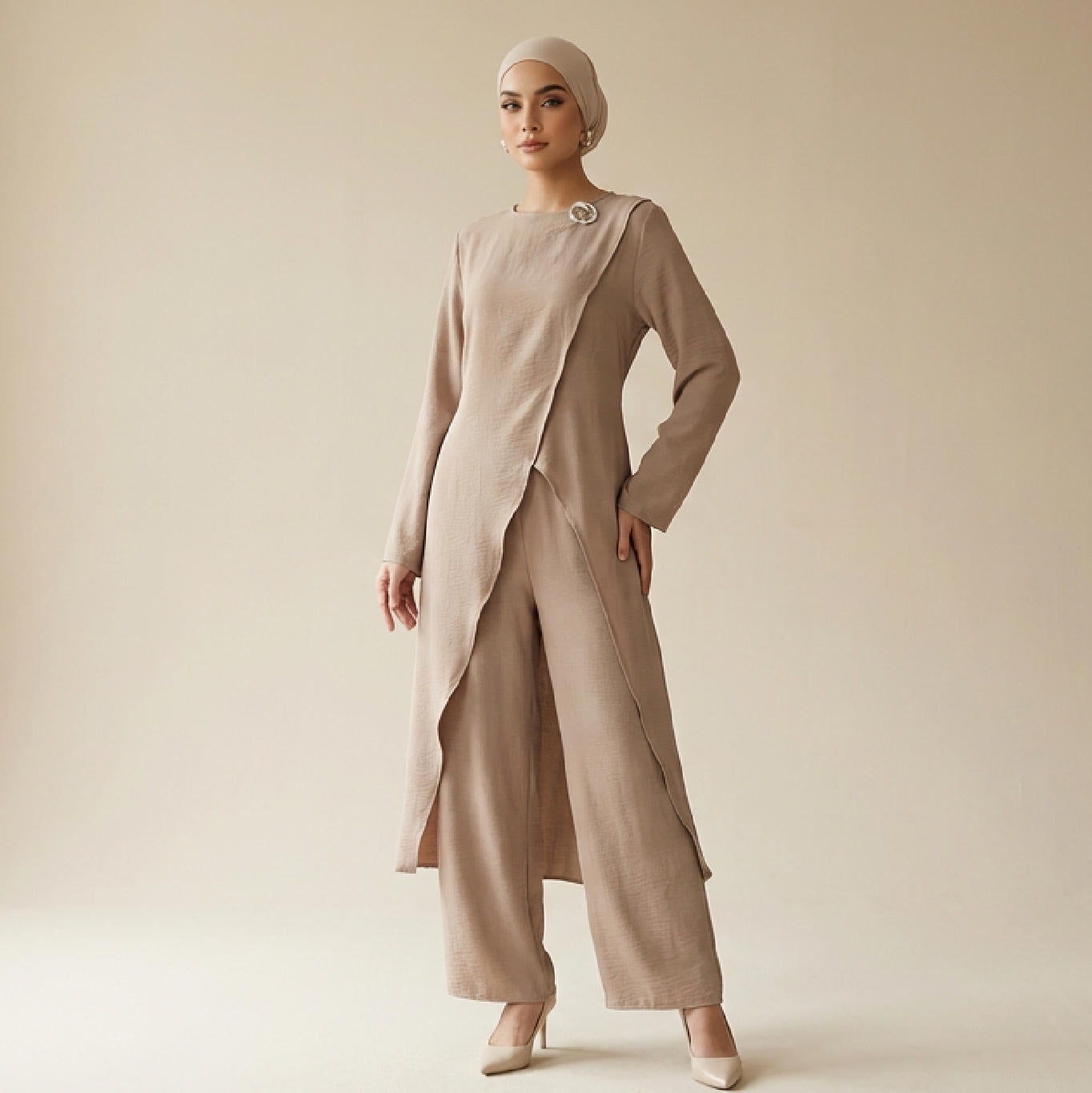 Nura 2pc Abaya Set – Long Top & Pants, Soft Crepe Modest Co-Ord
