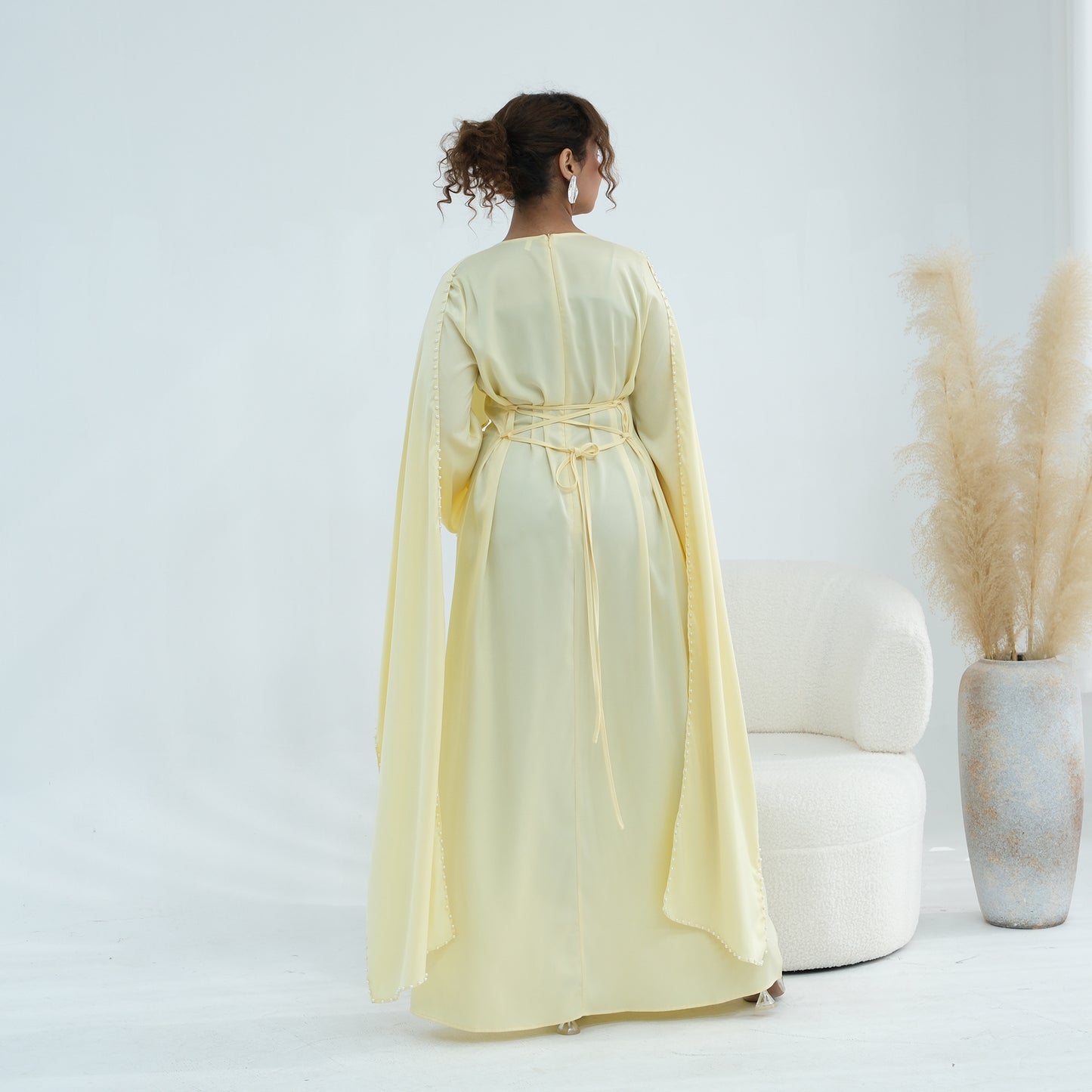 2026 Pearl Embellished Cape Kaftan Abaya – Luxury Satin Maxi Dress