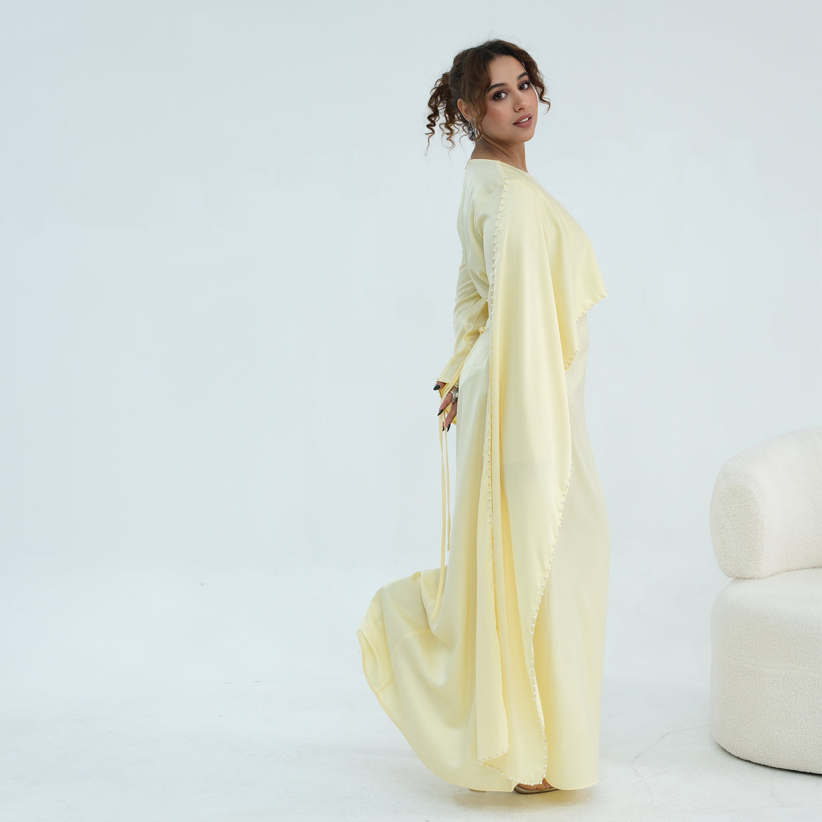 2026 Pearl Embellished Cape Kaftan Abaya – Luxury Satin Maxi Dress