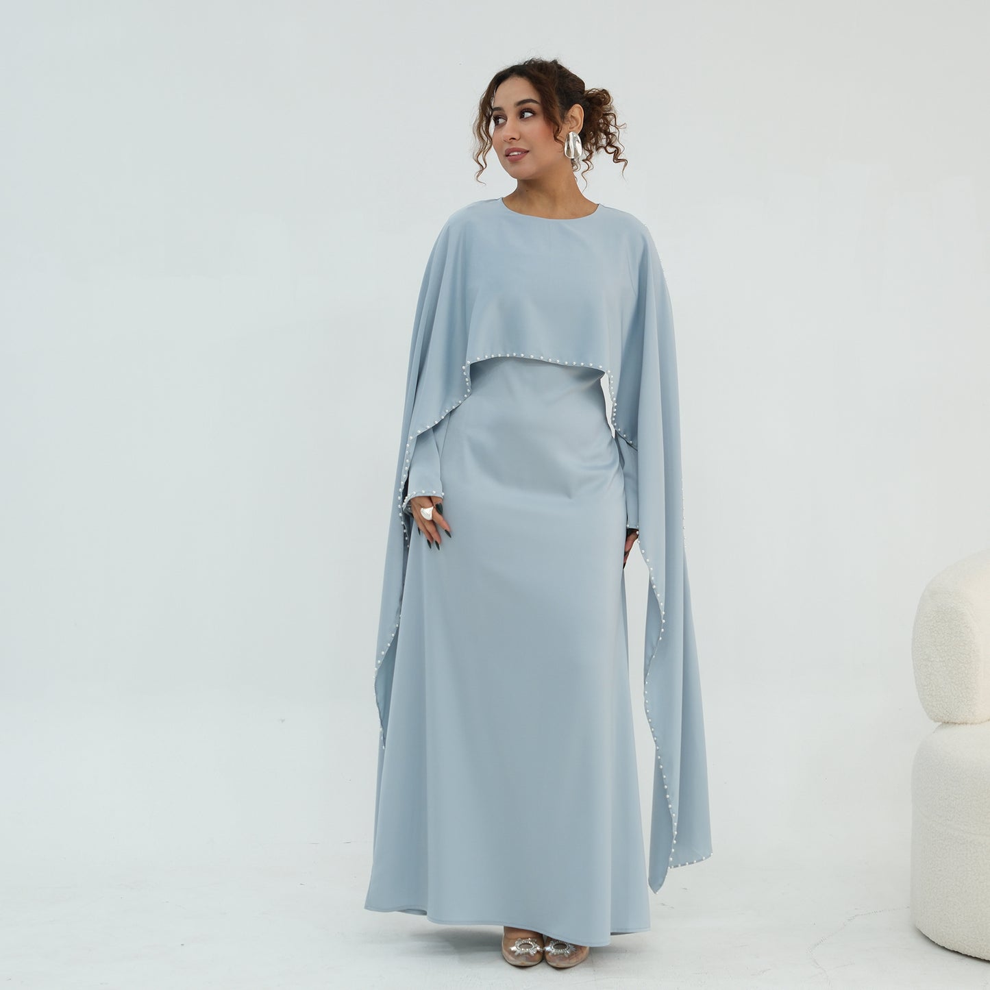 2026 Pearl Embellished Cape Kaftan Abaya – Luxury Satin Maxi Dress
