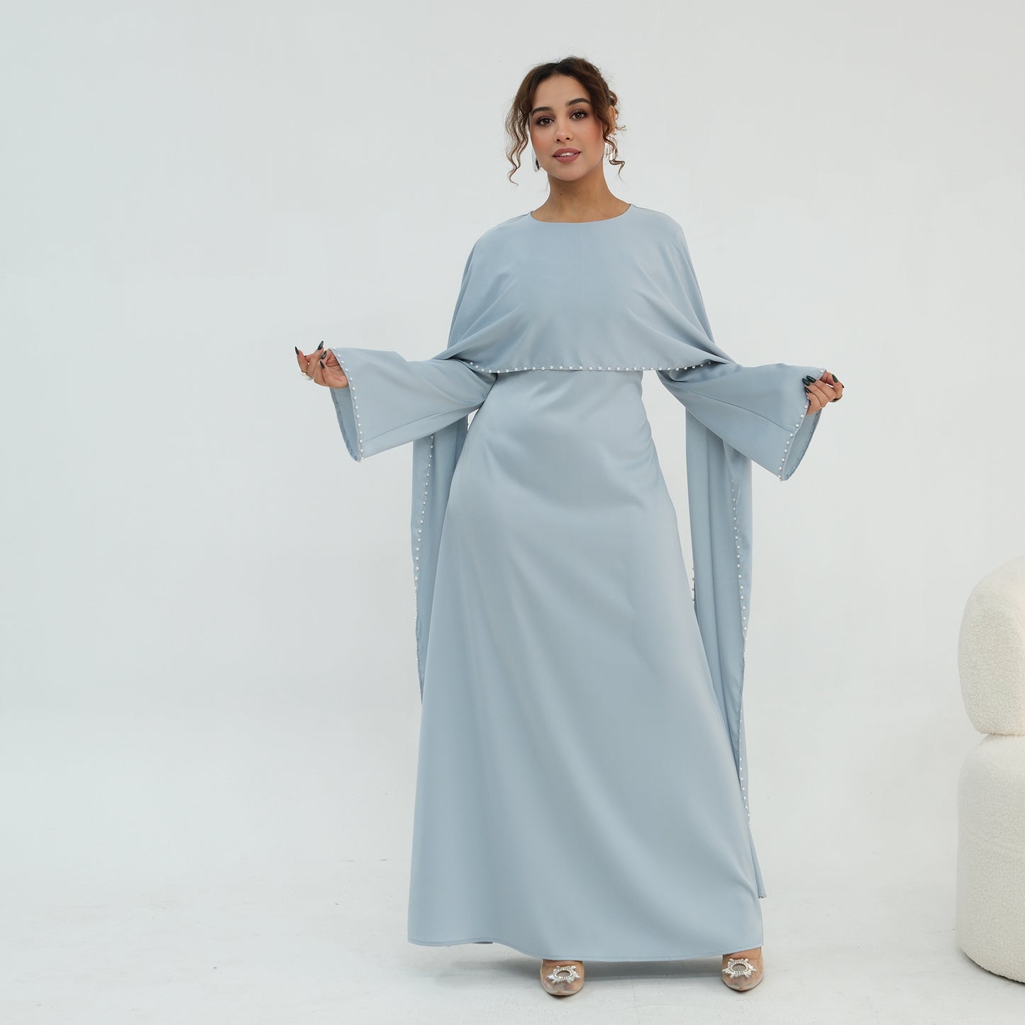 2026 Pearl Embellished Cape Kaftan Abaya – Luxury Satin Maxi Dress