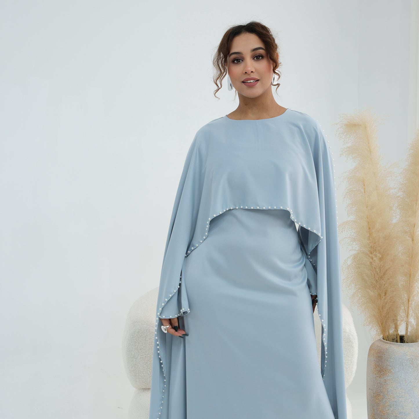 2026 Pearl Embellished Cape Kaftan Abaya – Luxury Satin Maxi Dress