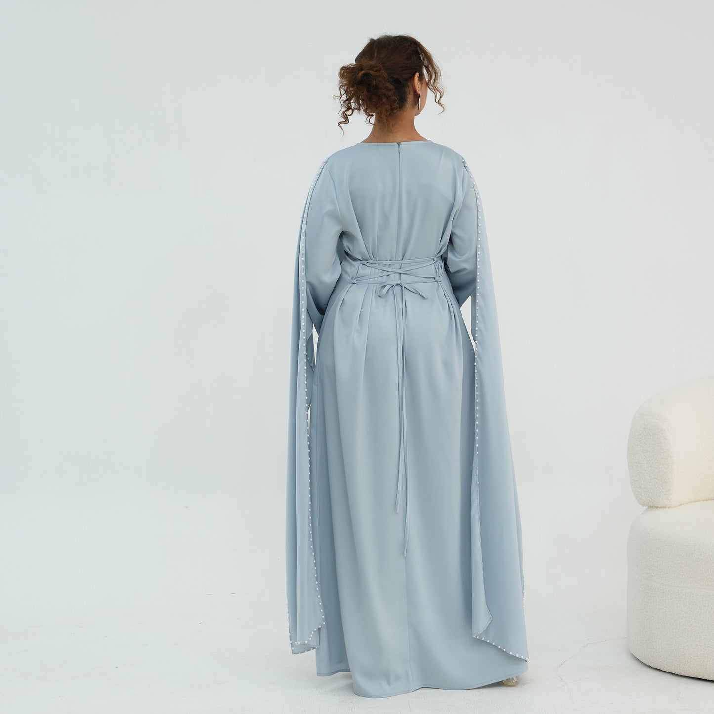 2026 Pearl Embellished Cape Kaftan Abaya – Luxury Satin Maxi Dress