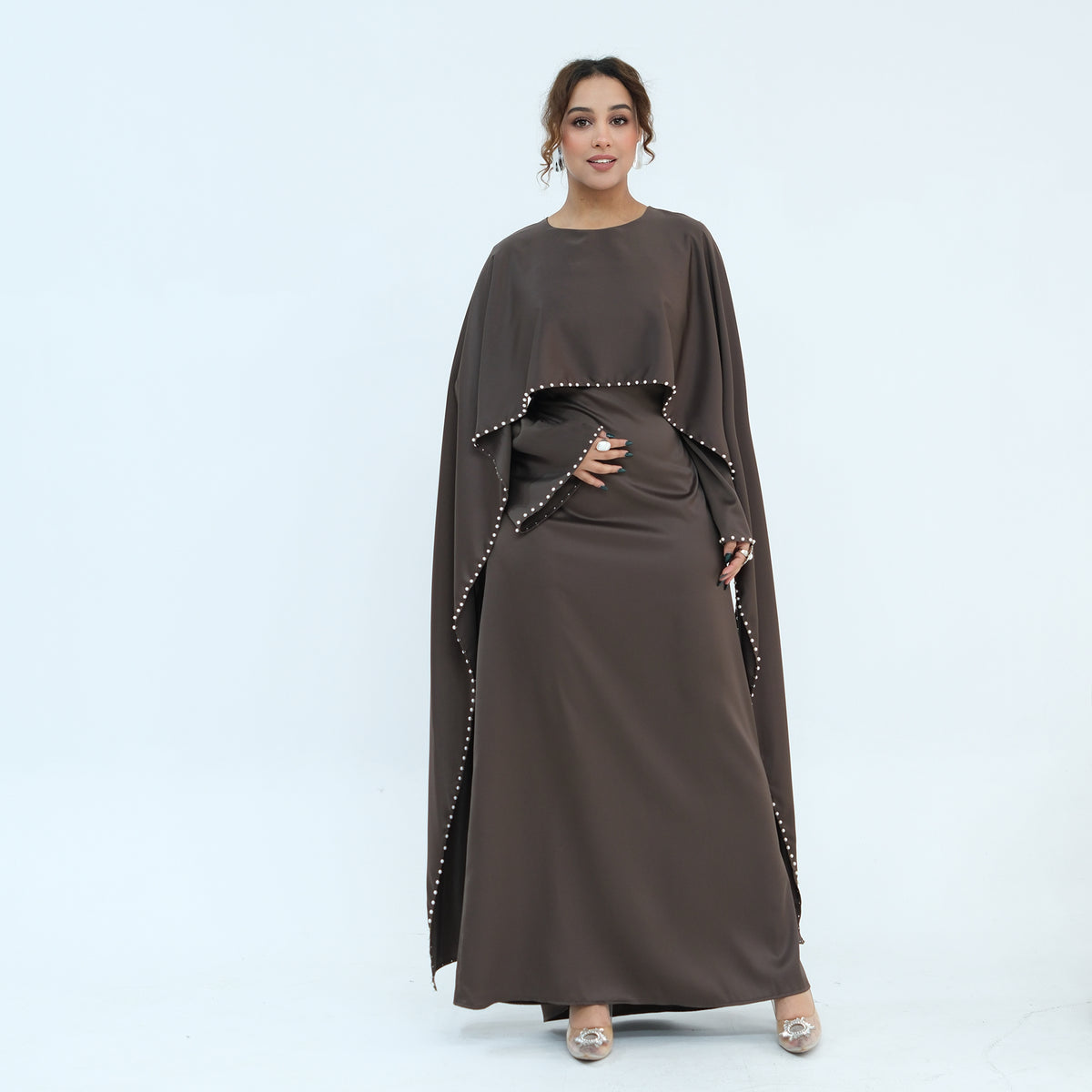 2026 Pearl Embellished Cape Kaftan Abaya – Luxury Satin Maxi Dress