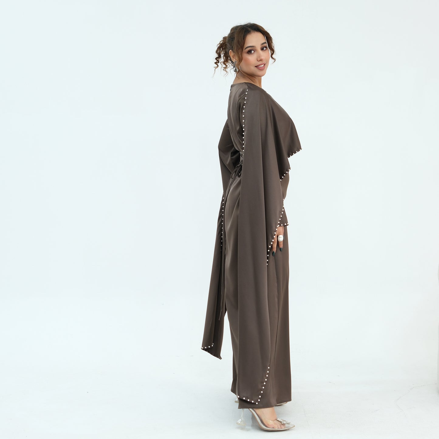 2026 Pearl Embellished Cape Kaftan Abaya – Luxury Satin Maxi Dress