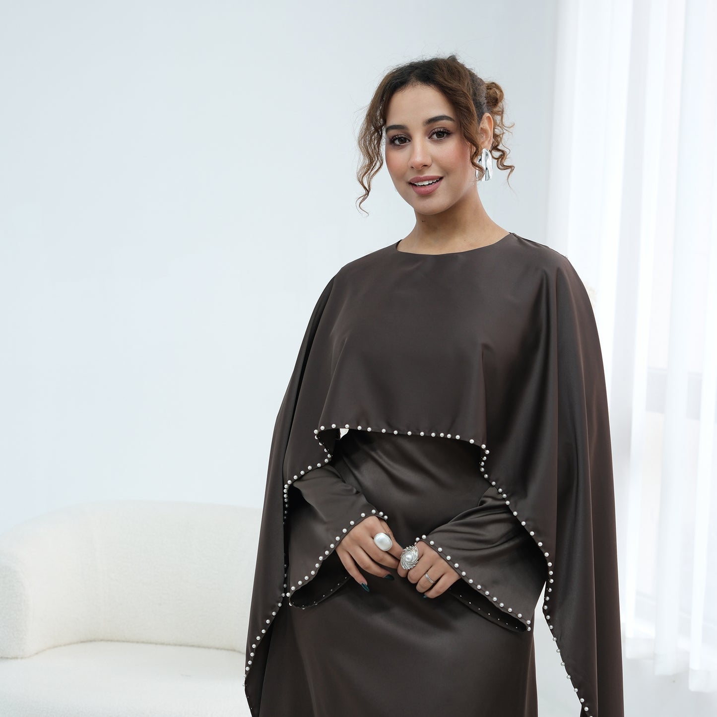 2026 Pearl Embellished Cape Kaftan Abaya – Luxury Satin Maxi Dress