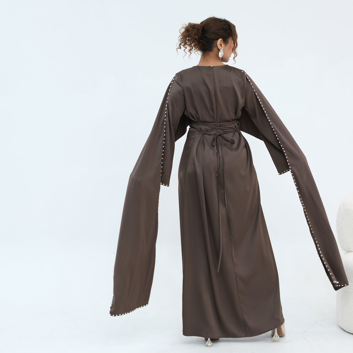 2026 Pearl Embellished Cape Kaftan Abaya – Luxury Satin Maxi Dress