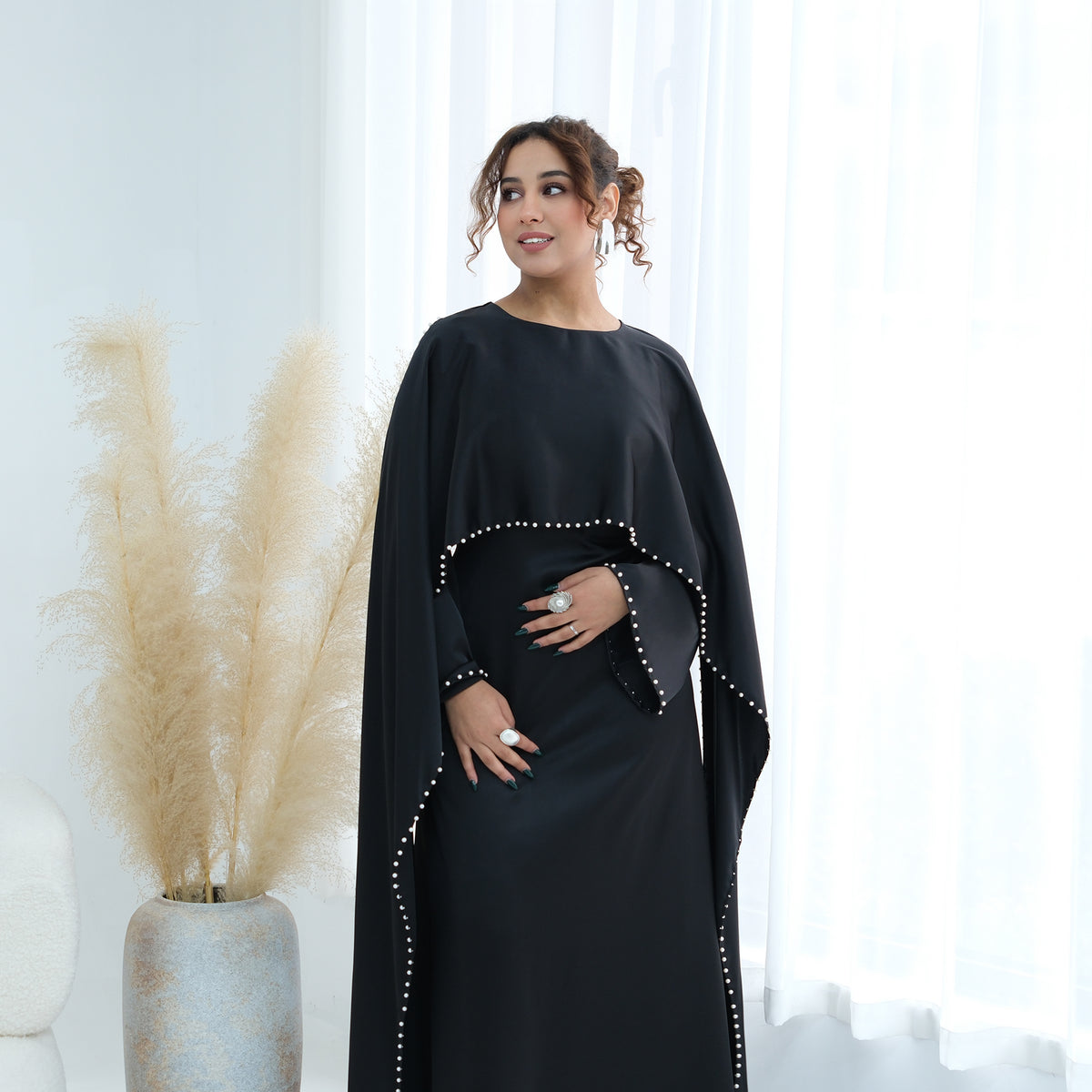 2026 Pearl Embellished Cape Kaftan Abaya – Luxury Satin Maxi Dress