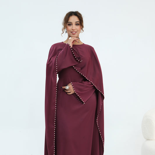 2026 Pearl Embellished Cape Kaftan Abaya – Luxury Satin Maxi Dress