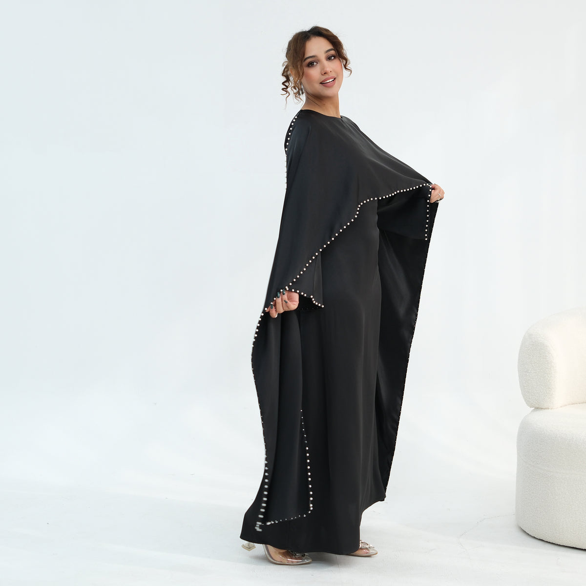 2026 Pearl Embellished Cape Kaftan Abaya – Luxury Satin Maxi Dress