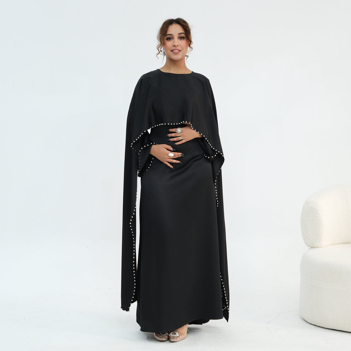 2026 Pearl Embellished Cape Kaftan Abaya – Luxury Satin Maxi Dress