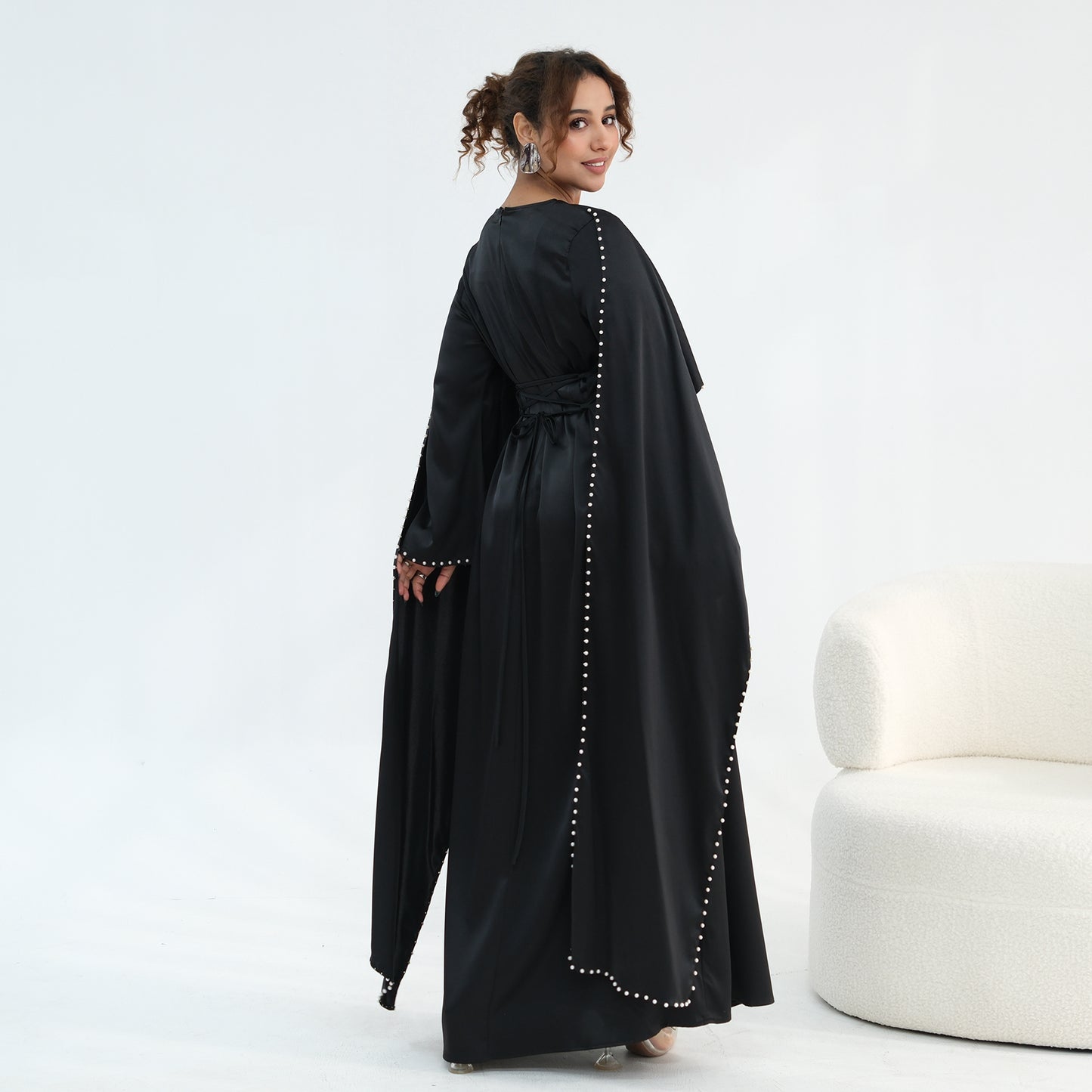2026 Pearl Embellished Cape Kaftan Abaya – Luxury Satin Maxi Dress
