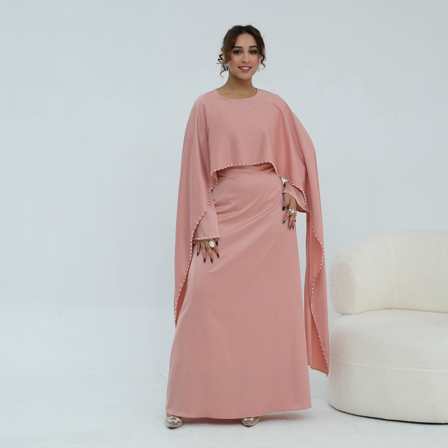 2026 Pearl Embellished Cape Kaftan Abaya – Luxury Satin Maxi Dress