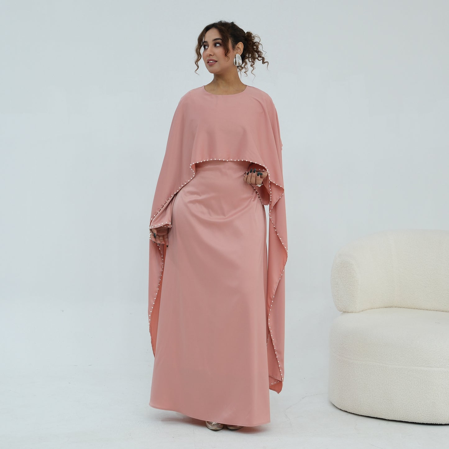 2026 Pearl Embellished Cape Kaftan Abaya – Luxury Satin Maxi Dress