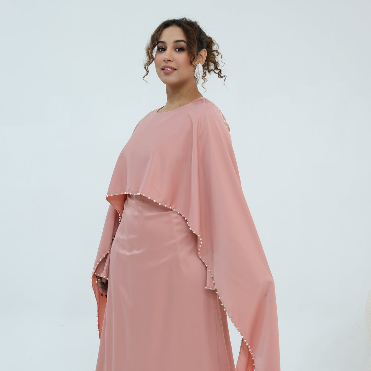 2026 Pearl Embellished Cape Kaftan Abaya – Luxury Satin Maxi Dress