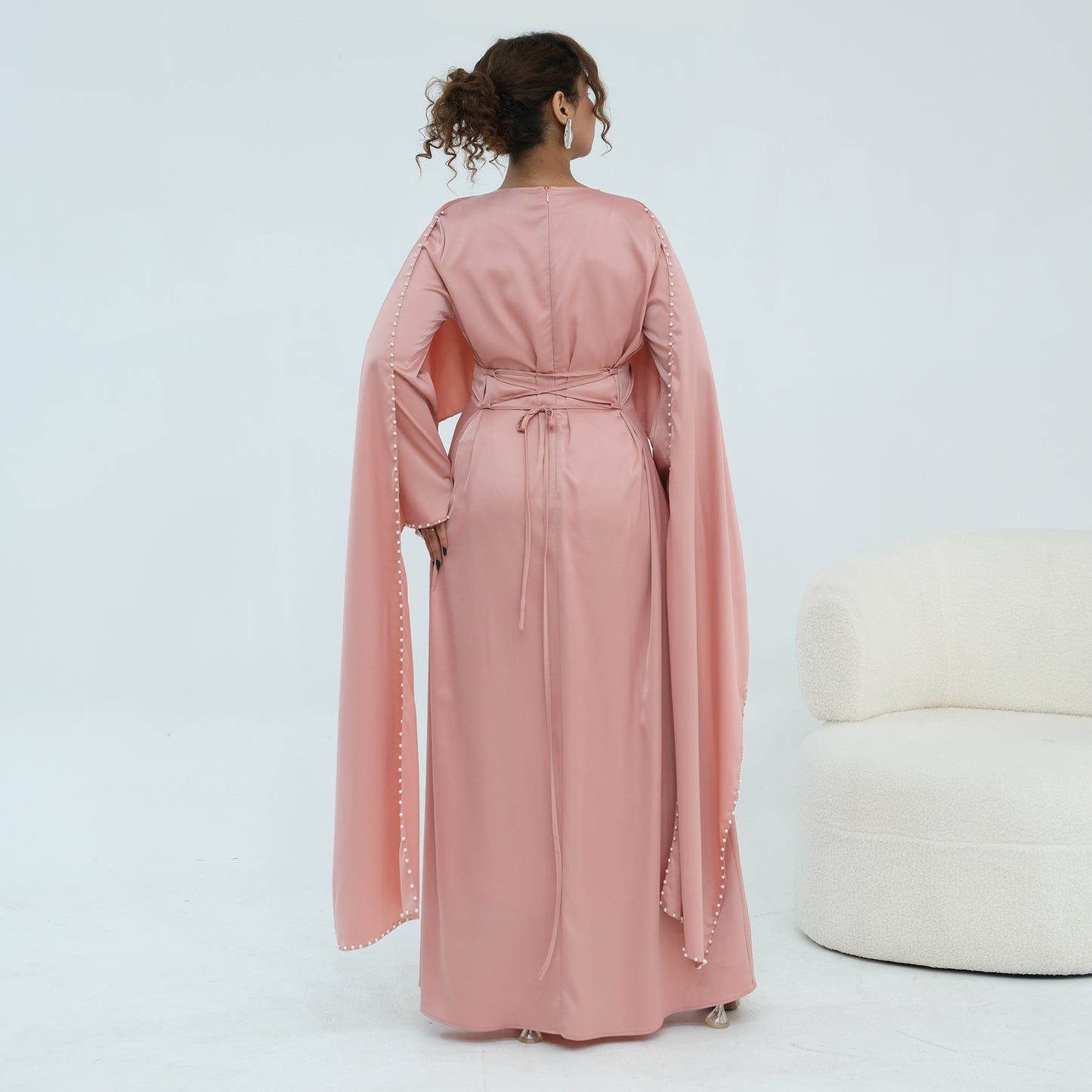 2026 Pearl Embellished Cape Kaftan Abaya – Luxury Satin Maxi Dress