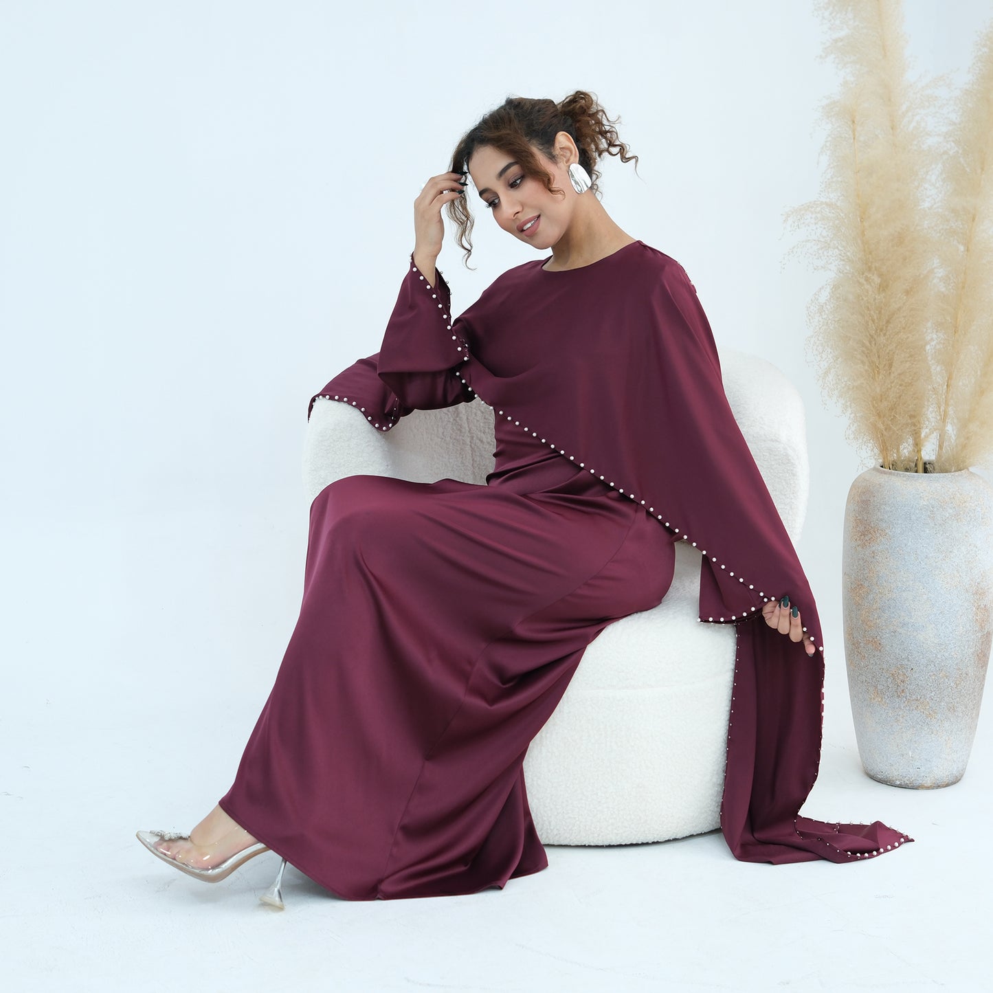 2026 Pearl Embellished Cape Kaftan Abaya – Luxury Satin Maxi Dress