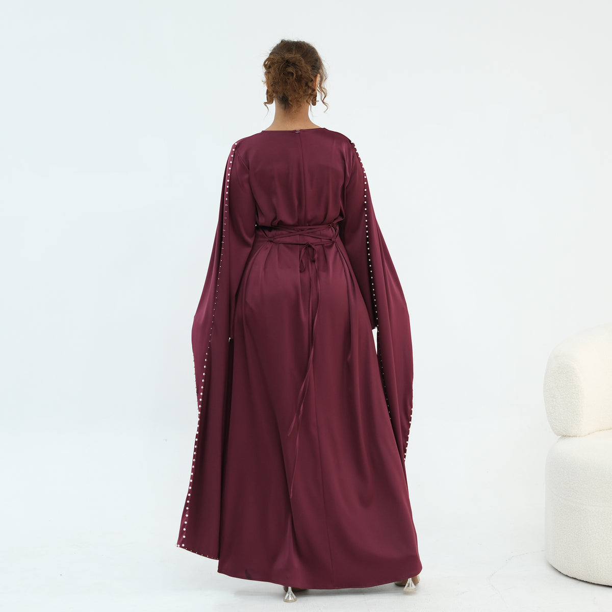 2026 Pearl Embellished Cape Kaftan Abaya – Luxury Satin Maxi Dress
