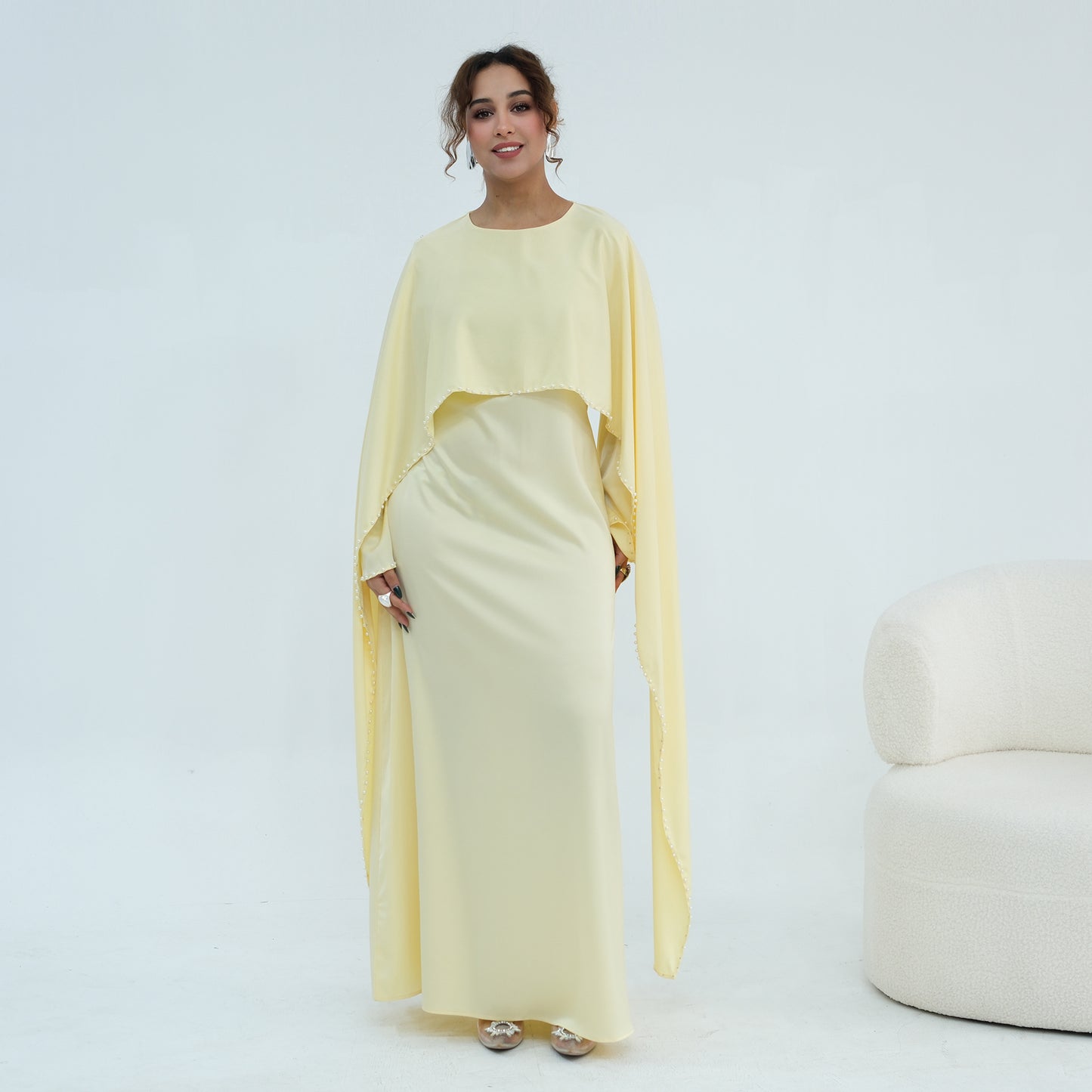2026 Pearl Embellished Cape Kaftan Abaya – Luxury Satin Maxi Dress