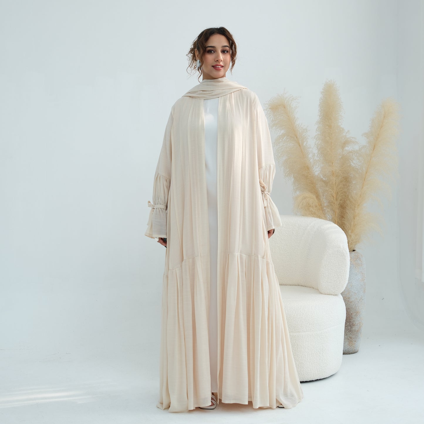 Nura Front Open Abaya Set with Hijab – Modest Viscose & Linen Dress