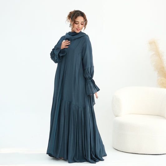 Nura Front Open Abaya Set with Hijab – Modest Viscose & Linen Dress