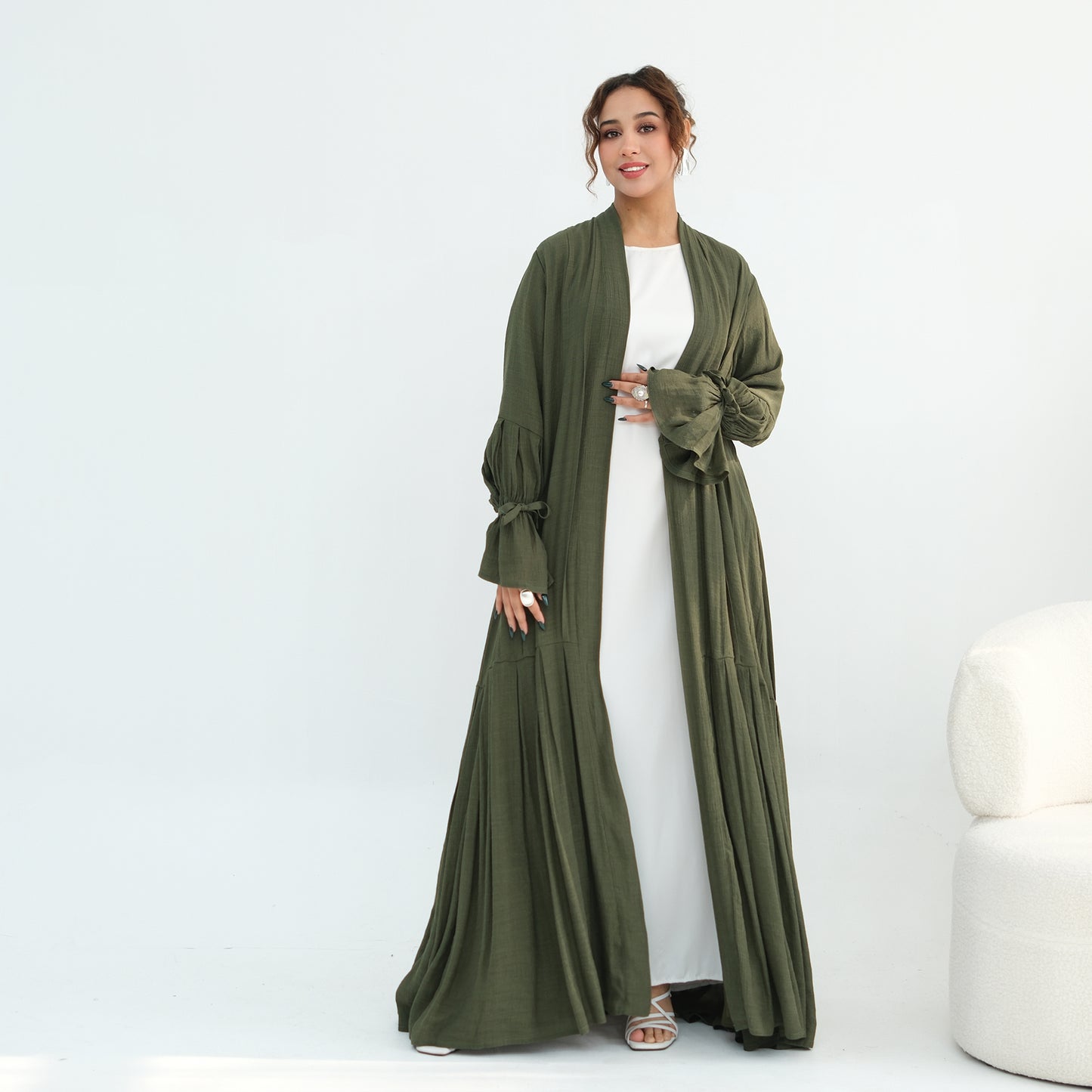 Nura Front Open Abaya Set with Hijab – Modest Viscose & Linen Dress