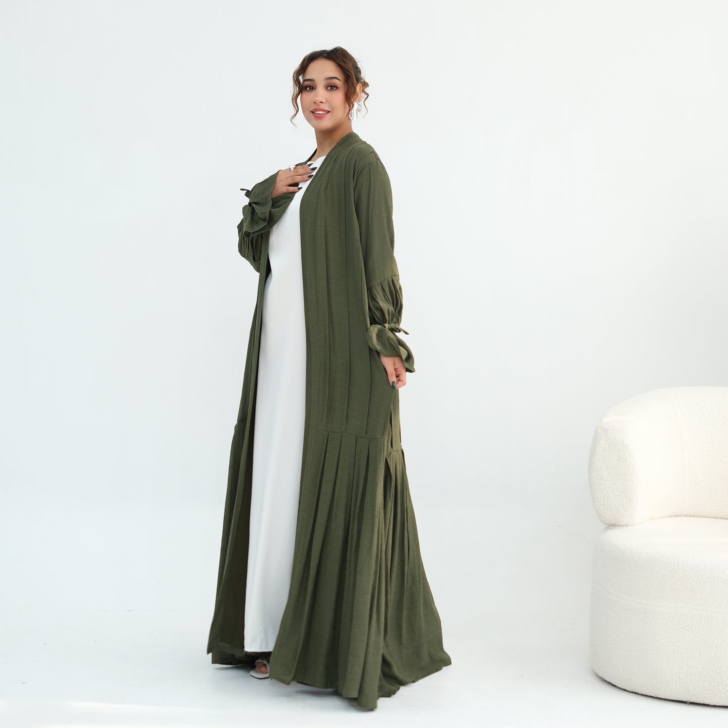 Nura Front Open Abaya Set with Hijab – Modest Viscose & Linen Dress