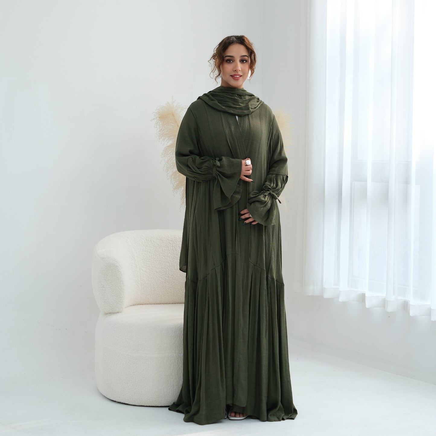 Nura Front Open Abaya Set with Hijab – Modest Viscose & Linen Dress