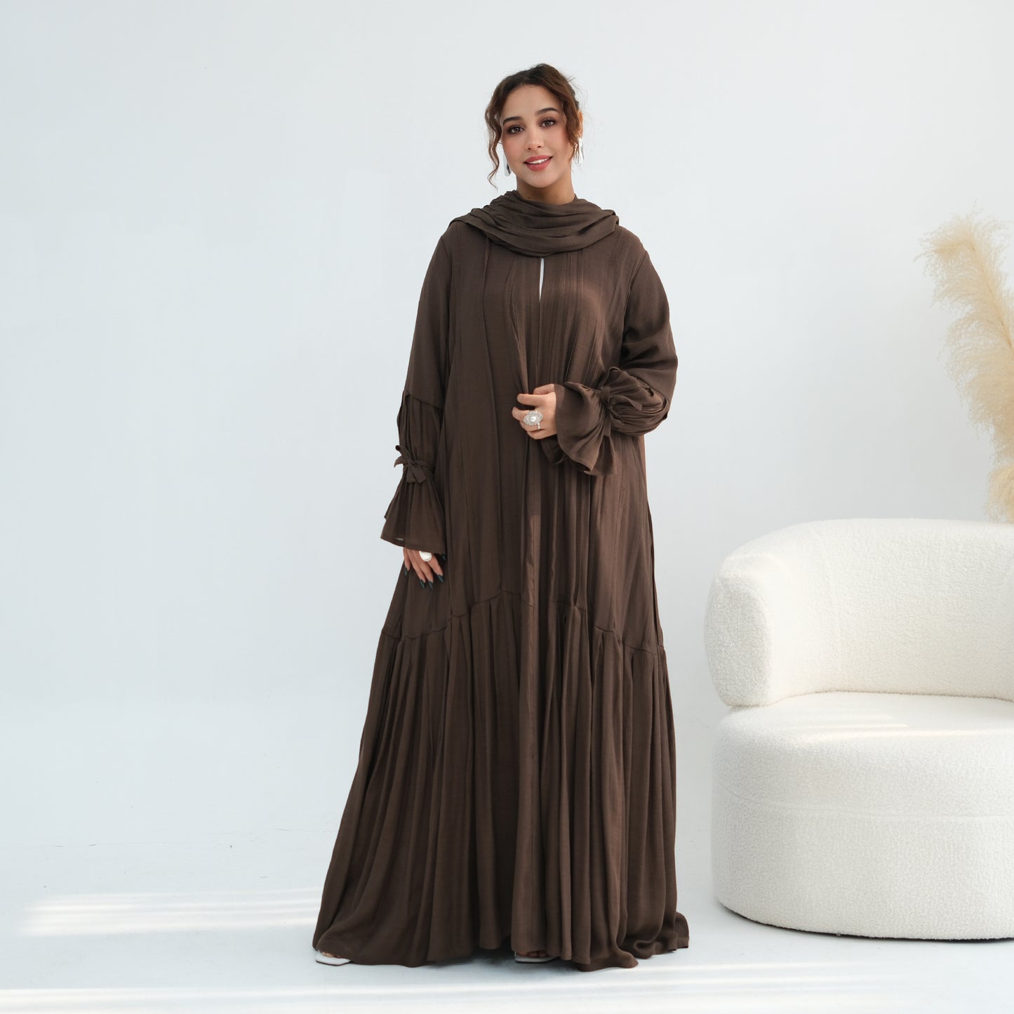 Nura Front Open Abaya Set with Hijab – Modest Viscose & Linen Dress