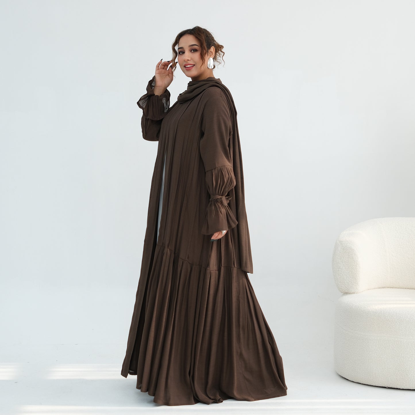 Nura Front Open Abaya Set with Hijab – Modest Viscose & Linen Dress