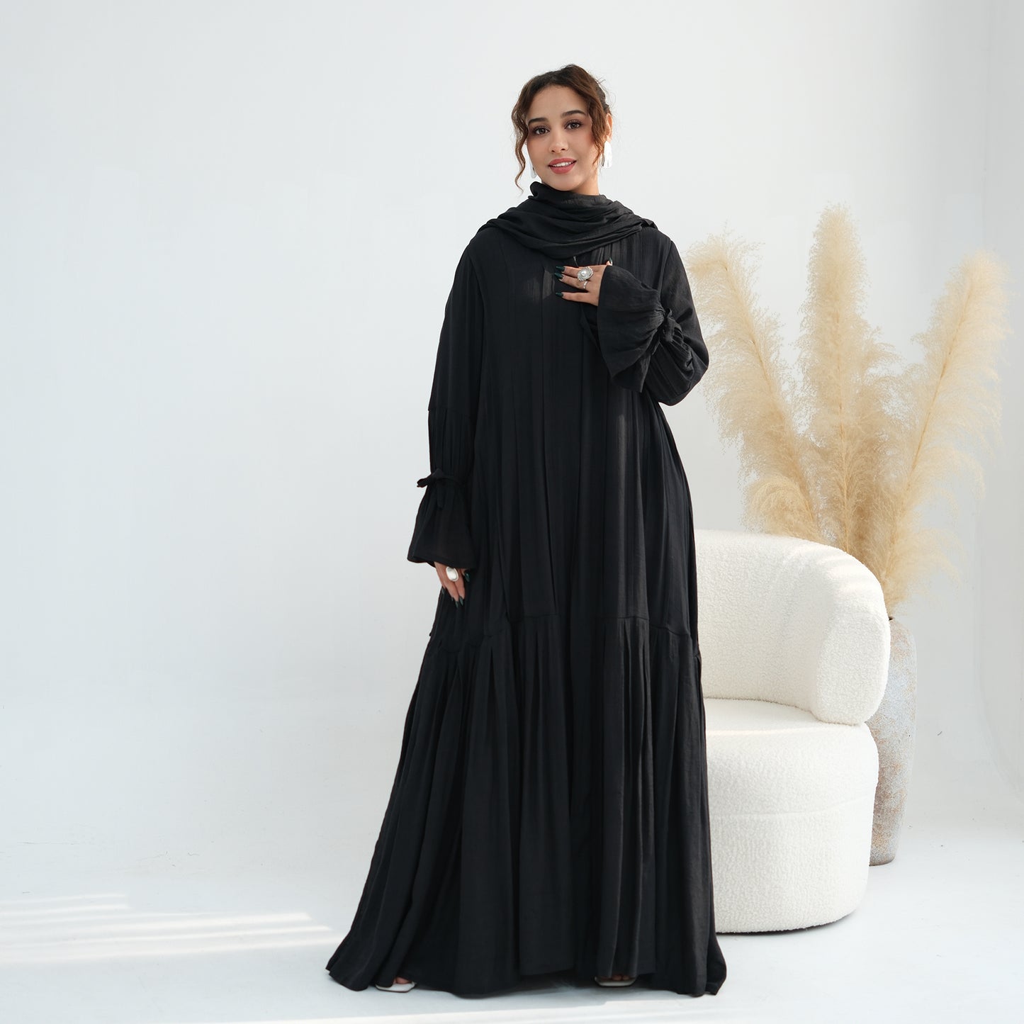 Nura Front Open Abaya Set with Hijab – Modest Viscose & Linen Dress