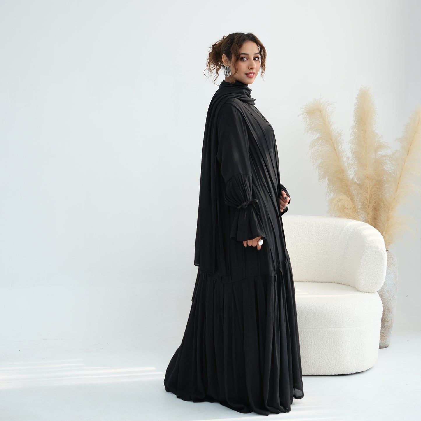Nura Front Open Abaya Set with Hijab – Modest Viscose & Linen Dress