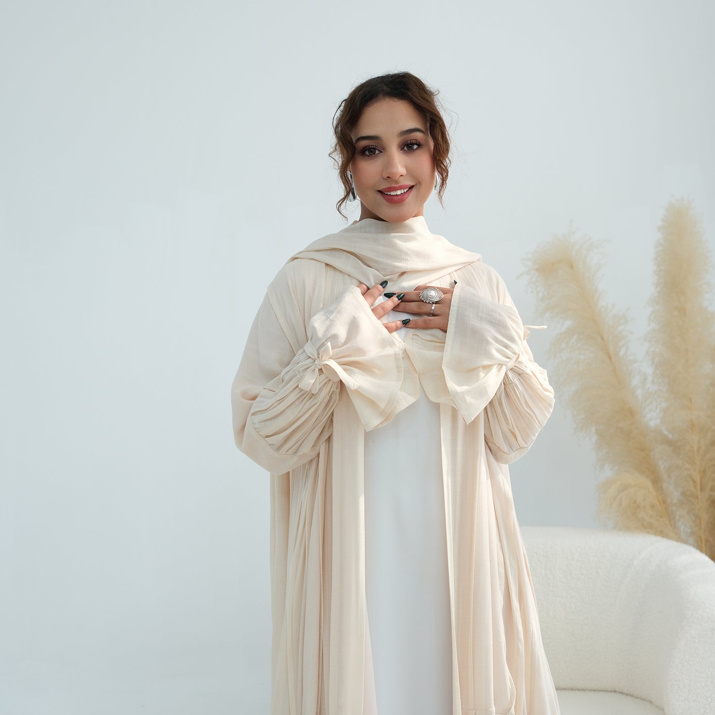 Nura Front Open Abaya Set with Hijab – Modest Viscose & Linen Dress