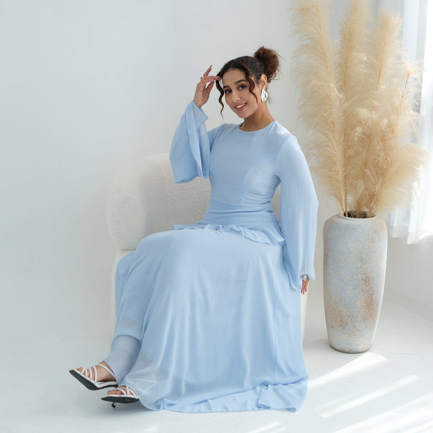 Cinched Waist Bell Sleeve Maxi Abaya – Modest Summer Dress