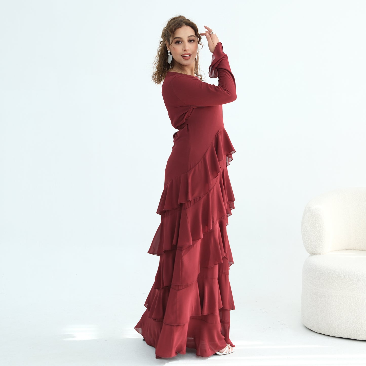 Premium Double-Layer Chiffon Ruffle Abaya | Elegant Maxi Dress