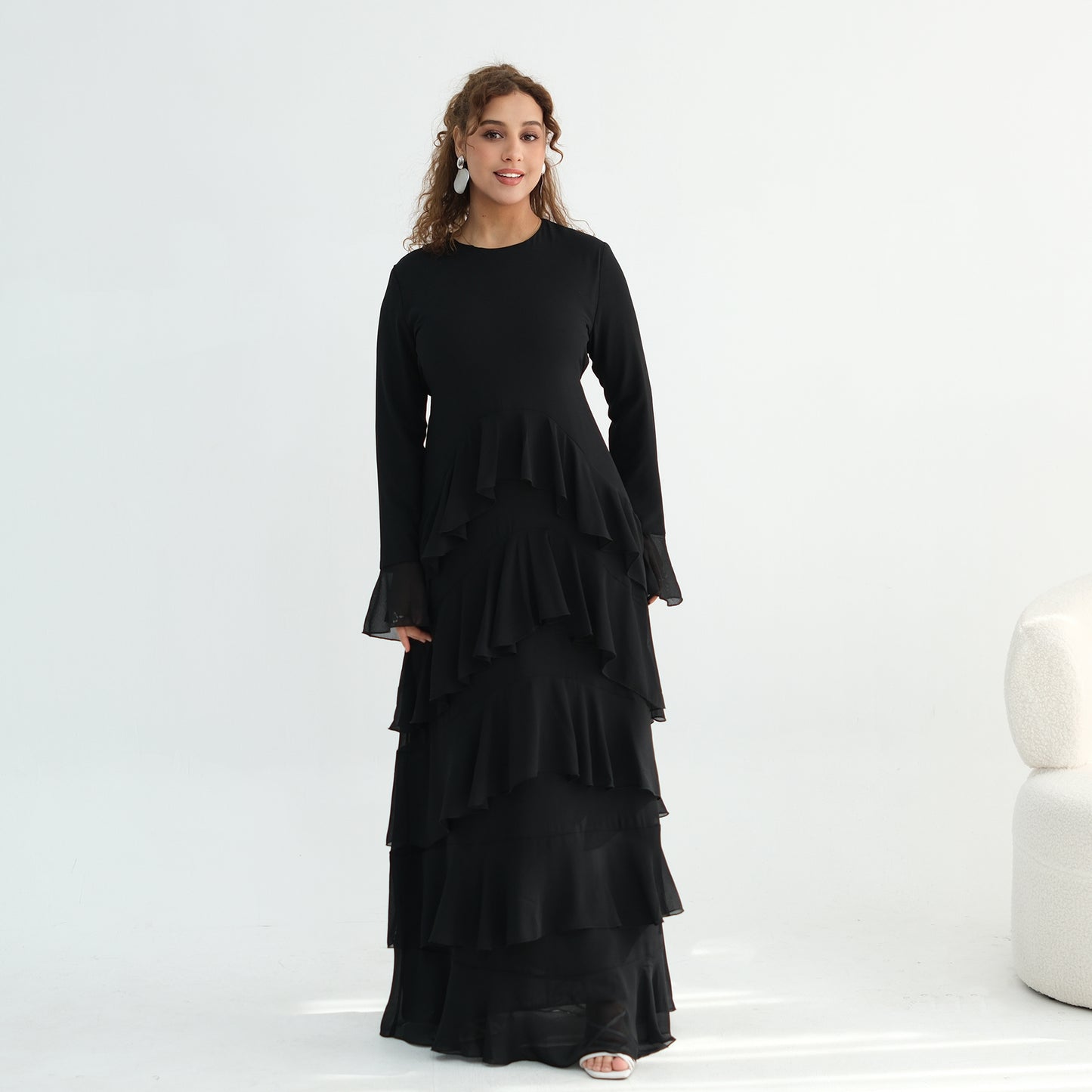 Premium Double-Layer Chiffon Ruffle Abaya | Elegant Maxi Dress