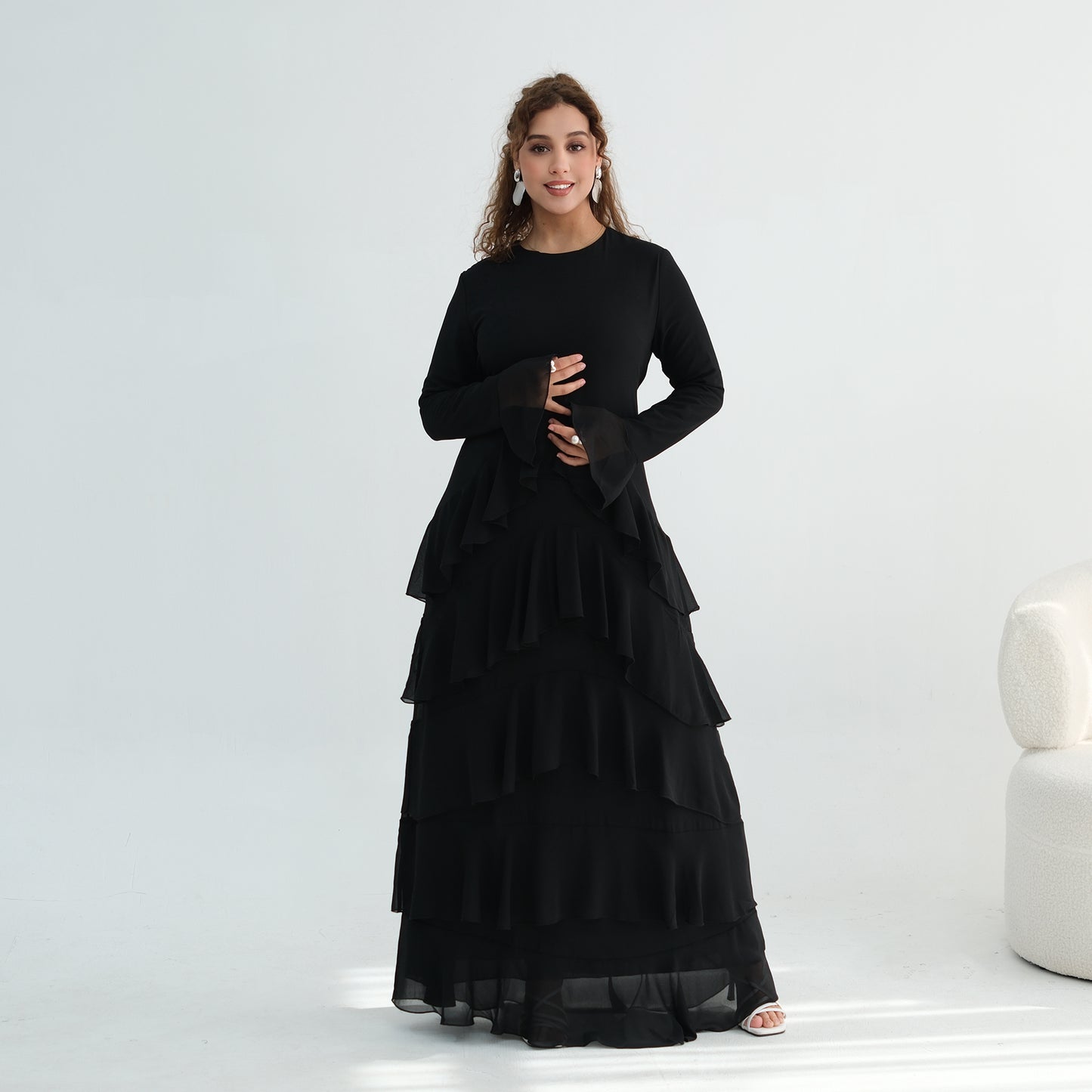 Premium Double-Layer Chiffon Ruffle Abaya | Elegant Maxi Dress