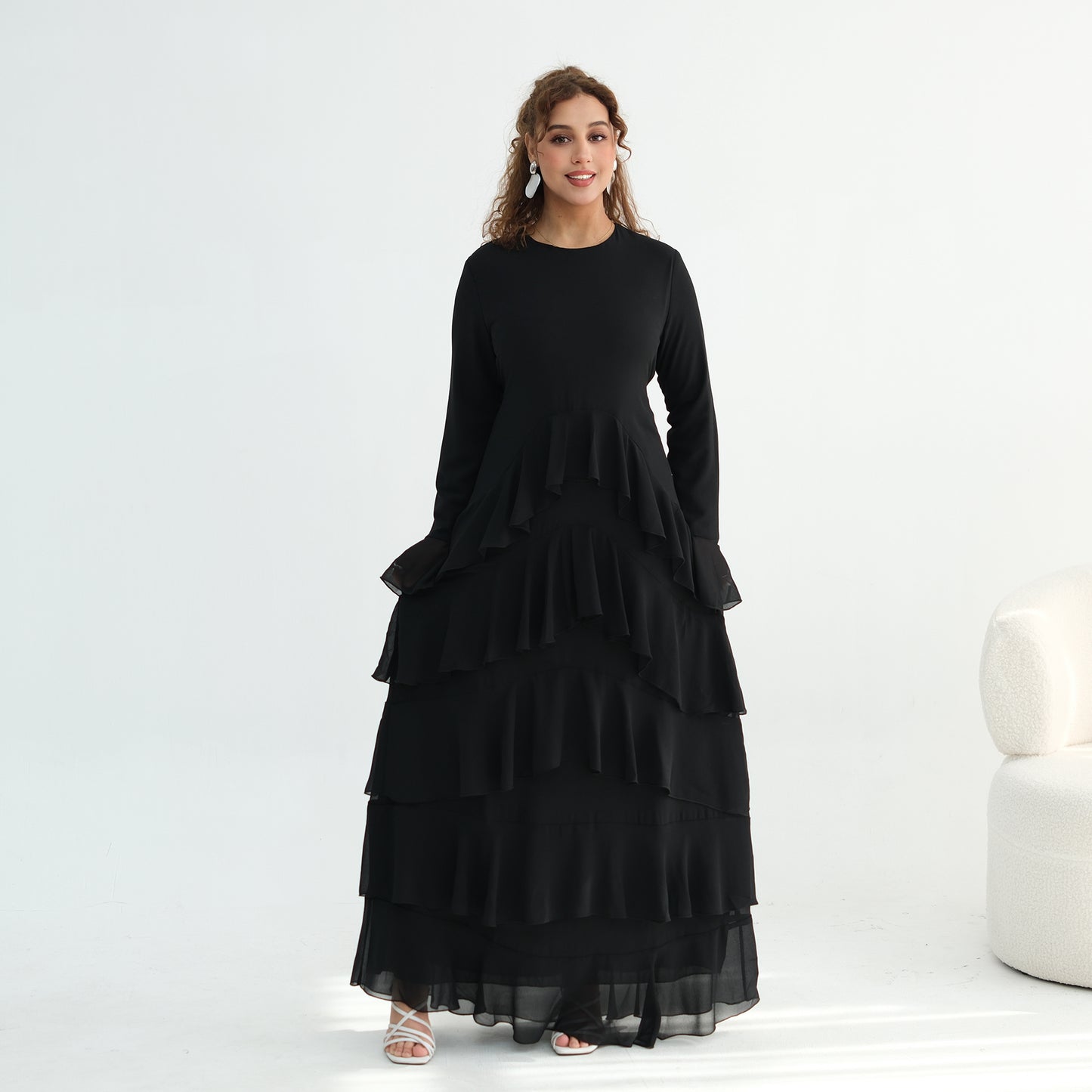 Premium Double-Layer Chiffon Ruffle Abaya | Elegant Maxi Dress