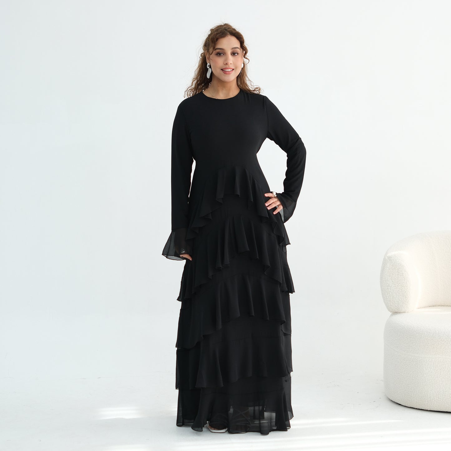 Premium Double-Layer Chiffon Ruffle Abaya | Elegant Maxi Dress